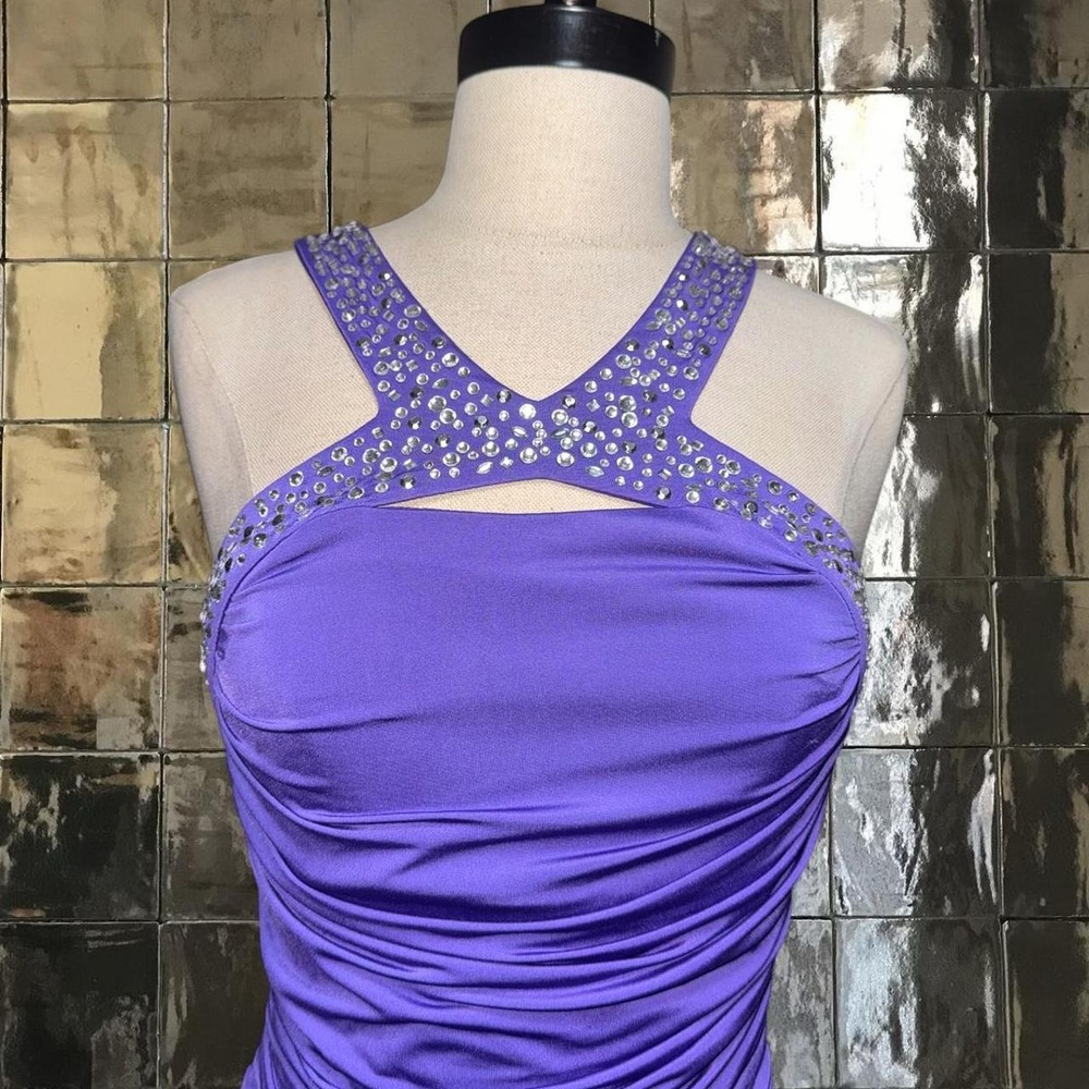 Purple Rhinestone Ruched Bodycon Dress - Picture 4 of 5